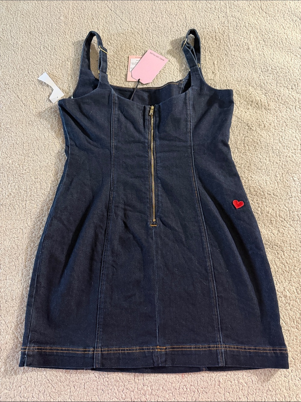 Avec Les Filles Dark Blue Denim Mini Dress with Pink & Red Heart Accents Size 14 - Picture 9 of 9